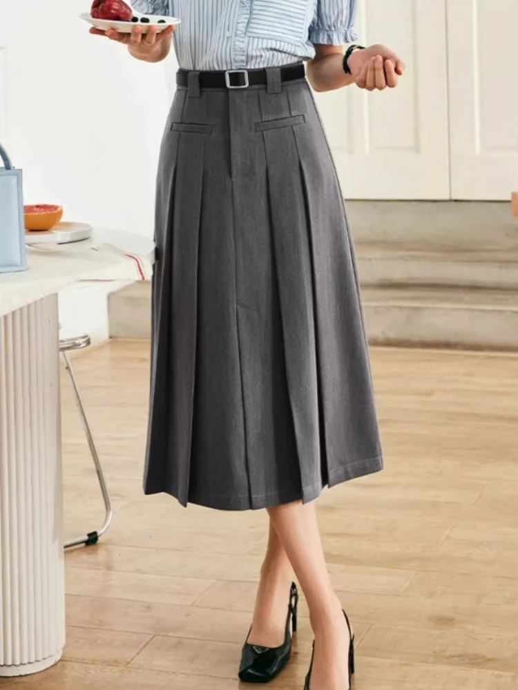 

OLrain Women's Pleated Skirt 2025 Autumn Solid A-line Long Skirt Fashion Commute Woman Skirts Elegant Office Lady O23DB89262
