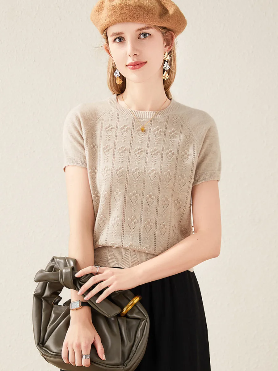 Camiseta de Mujer de Manga Corta con Cuello Redondo de Cachemir de Color Puro, Sensación Premium, Moda Primavera Verano KANIN KONGE
