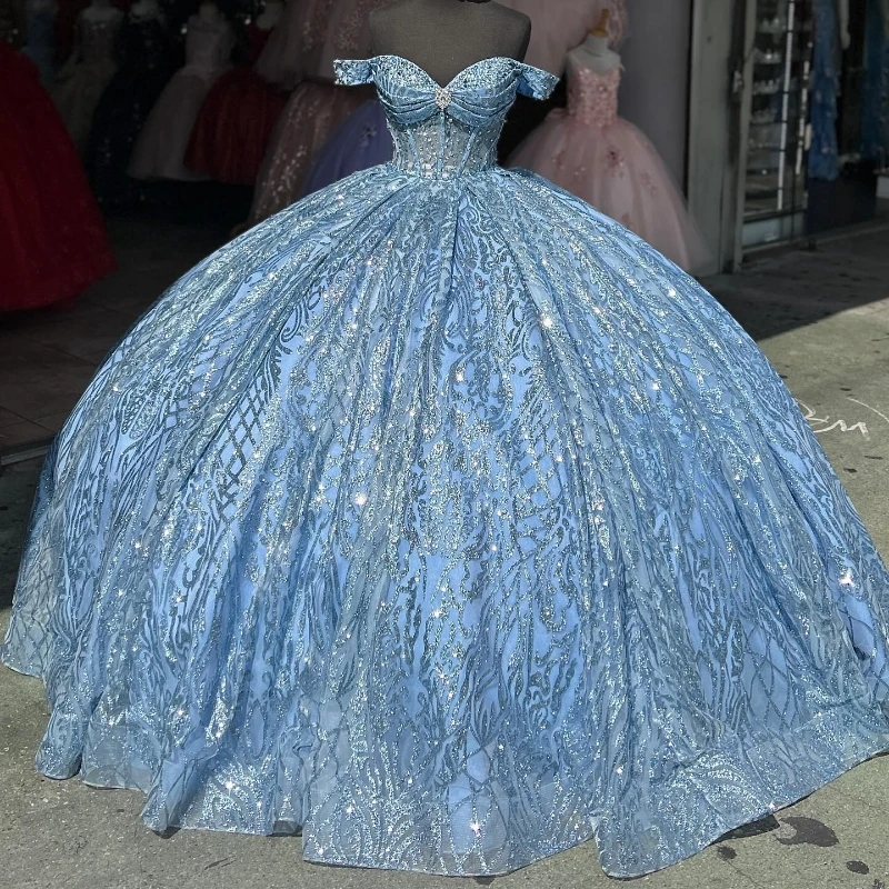 

Sky Blue Shiny Princess Sweet 16 Quinceanera Dresses Sequin Applique Beading Crystal Bow Tull Party Birthday Vestido De 15 Anos