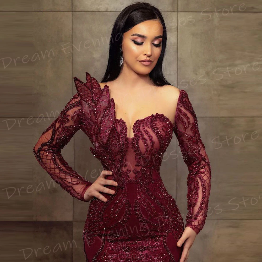 Gaun malam wanita cantik putri duyung merah Modern cantik gaun Prom manik-manik lengan panjang klasik gaun pesta Formal Vestido De Noche