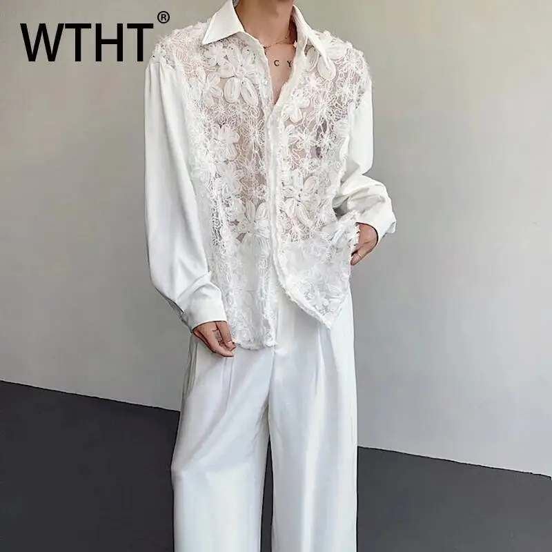 WTHT Fashion Men's 3D Flower Hollow Out Design Solid Color Shirt Trendy Long Sleeves Single Breasted Top Male 2026 Summer 2A3120
