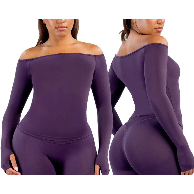 Denyf New Off Shoulder Long Sleeve T Shirt Moisture Wicking High Elastic Quick Dry Outdoor Running Fitness Yoga Wear Top