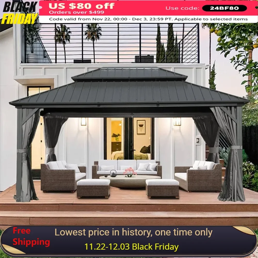 10x14FT Hardtop Gazebo, Aluminum Outdoor Gazebo with Galvanized Steel Double Roof Canopy, Curtains and Netting Included,Pavilion