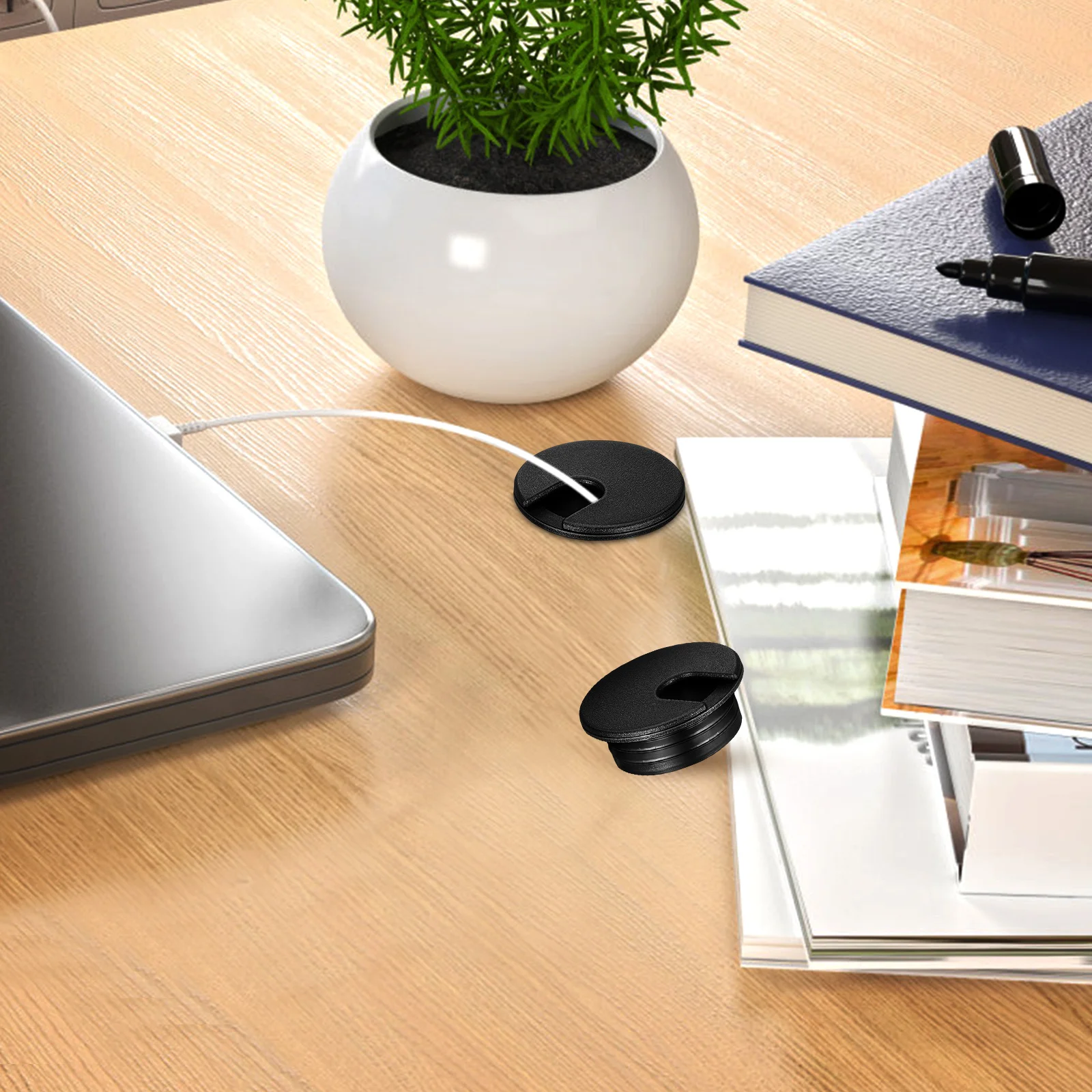 6個入り ブラックABSデスクホールケーブルグロメット 丸型ワイヤーカバー オフィス/家庭用テーブル配線穴オーガナイザー デスクグロメット