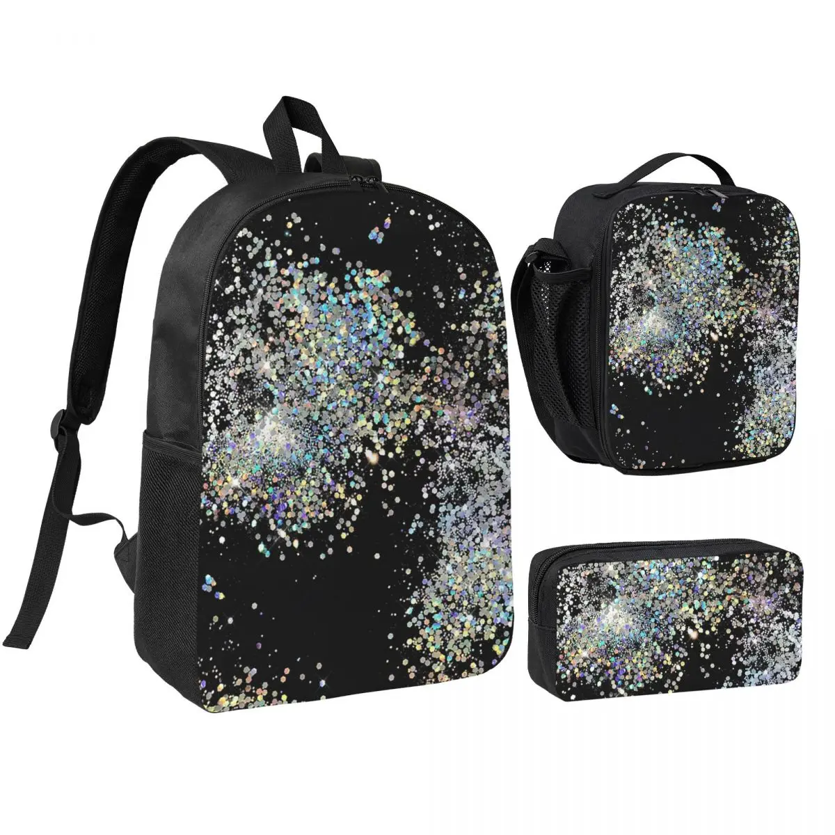 Mochila Escolar de Lentejuelas Negras y Multicolores, Bolsa para Libros, Bolsa de Hombro para Computadora, 3 Piezas, Bolsa Térmica para Almuerzo, Estuche para Lápices