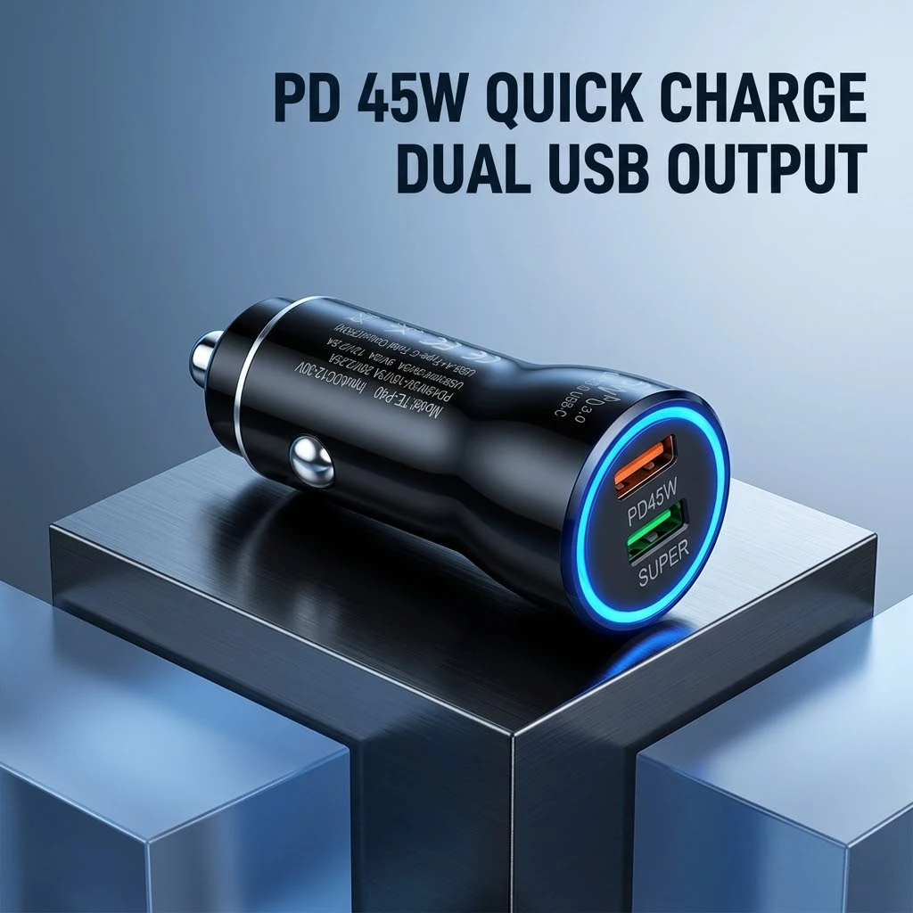 Dual Port Fast Car Charger 45W PD And USB A QC3.0 Adapter With LED Light For Cell Phones Tablets And Traffic Recorders