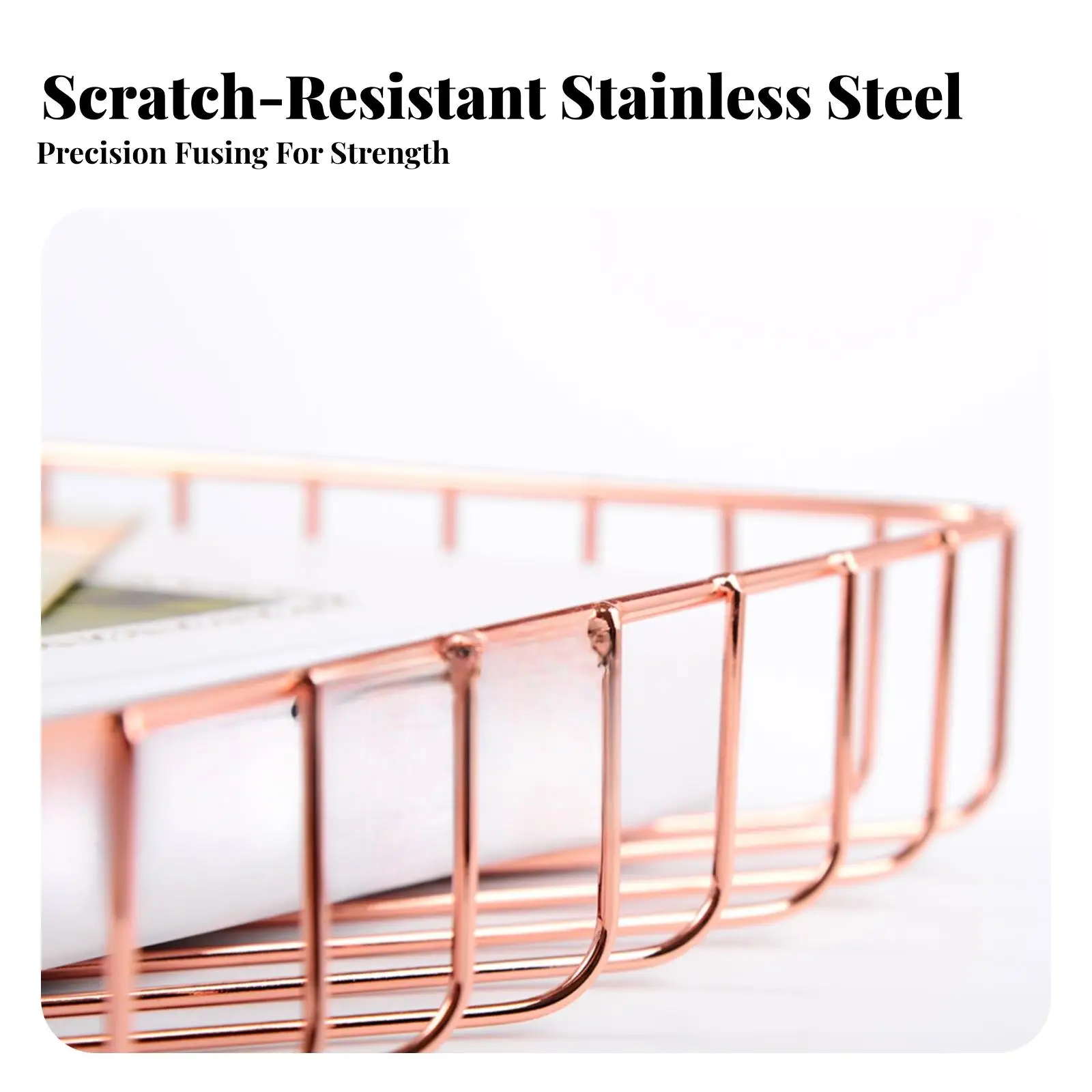 Elegant Wire Storage Basket Rose Gold Stainless Steel for Desktop Files Snacks Fruit Vanity Table Tidy Holder