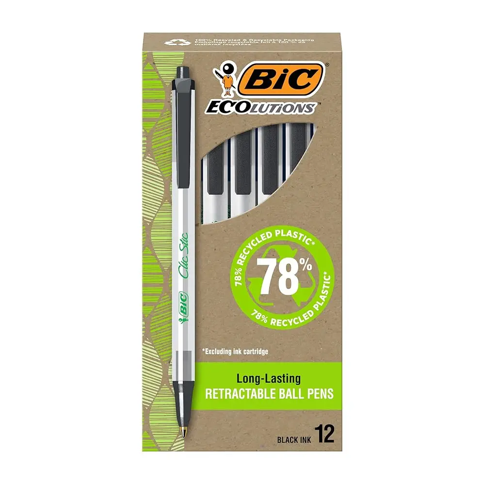 

Ecolutions Clic Stic Black Ballpoint Pens, Medium Point (1.0mm), 12-Count Pack, Retractable Ball Point Pens Made from 78% Re