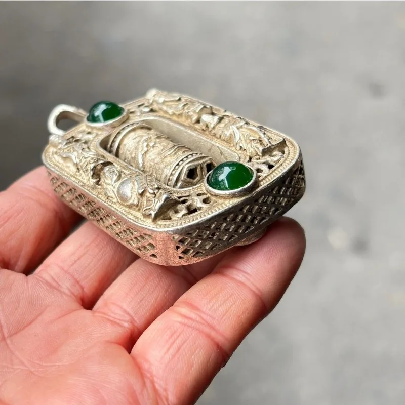 Antique Copper Silver Plated Eight Immortals Pendant, Hollow Carved Necklace with Snake Bone Chain, Vintage Auspicious Jewelry