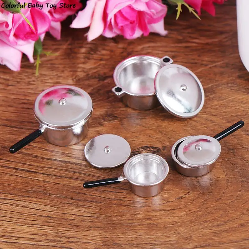 4Pcs/bag Doll House Miniature 1:12 Mini Metal pots and pans Mini Simulation Kitchen Decoration Miniature Silver Soup Pan