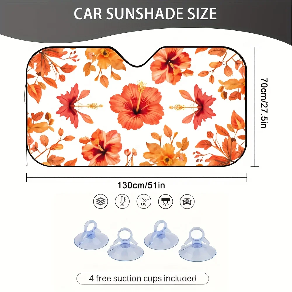 1pc 2D Flat Print Sunshade For Featuring Hawaiian Flowers, Made Of 100% Polyester, Perfect For Summer Travel And Camping