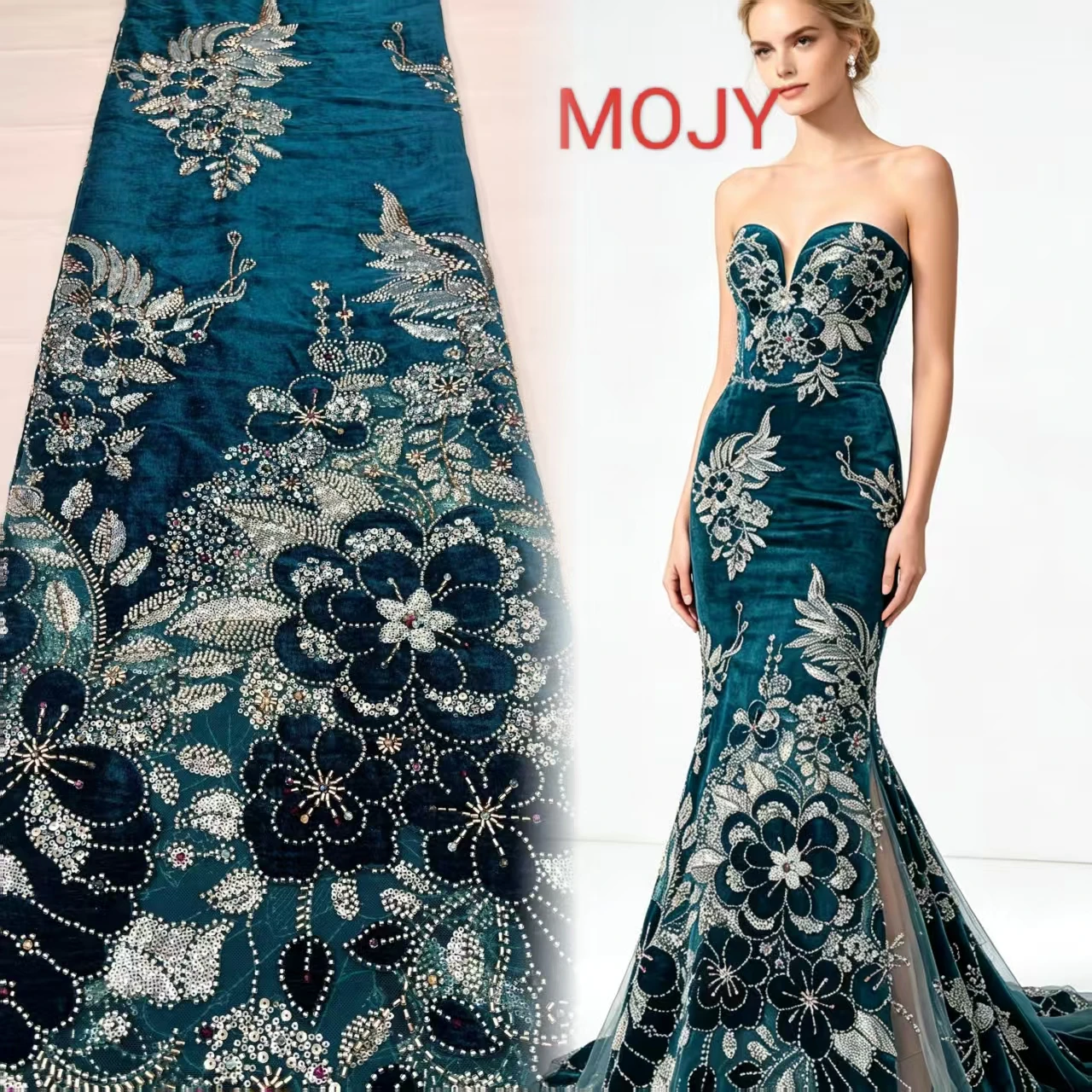 Teal Velvet Beaded Lace Fabric Silver Sequin Embroidery Tulle Material For African Evening Wedding Party Gown 5Yard/Lot