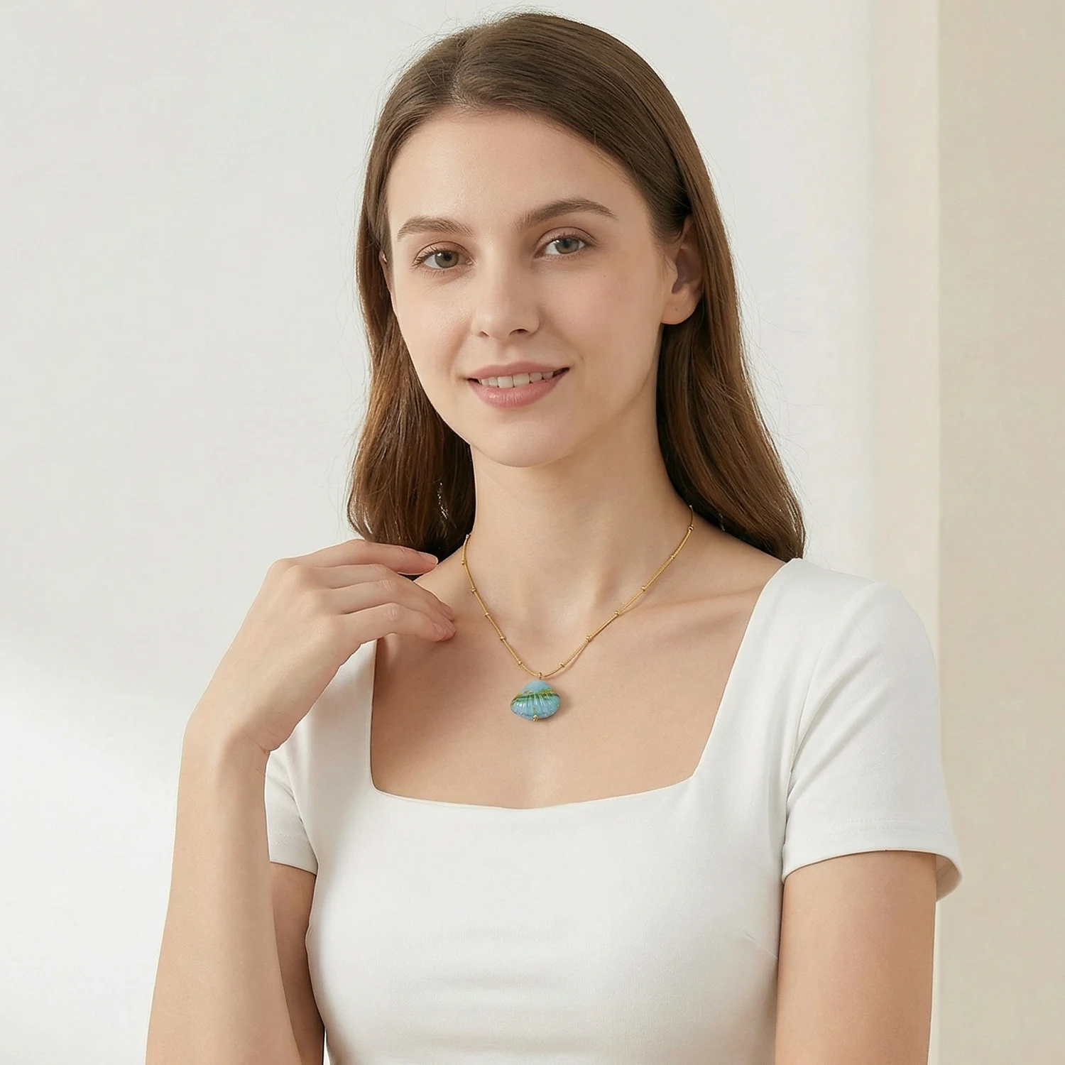 Colorful Glass Shell Pendant Necklace for Women, 18K Gold Plated Stainless Steel Chain, Hypoallergenic Beach Summer Jewelry