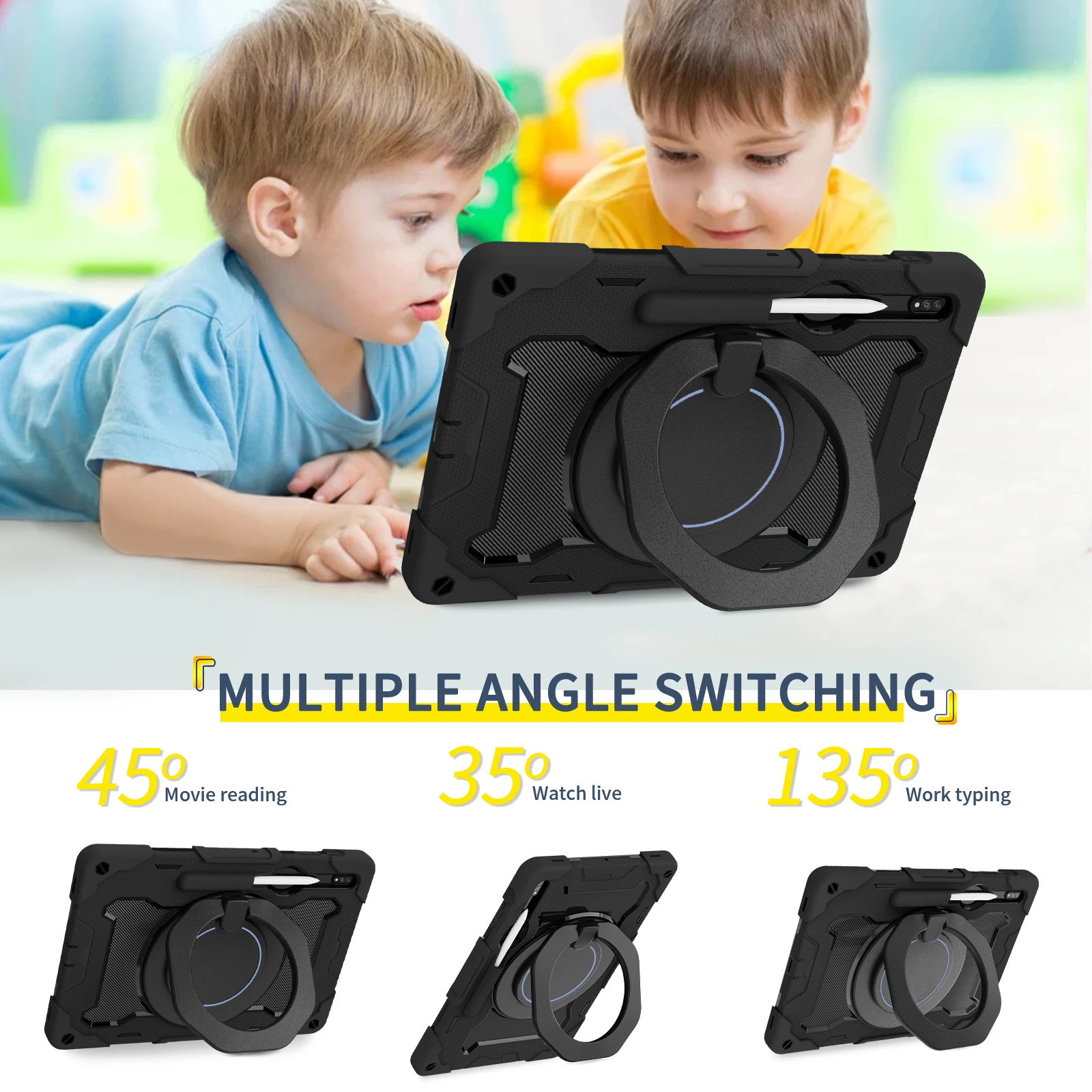 Kids Case For Samsung Galaxy Tab S7 S8 S9 Plus FE Ultra SM-T970 T730 X800 X900 X810 X610 X910 Rotating Stand Armor Cover Funda