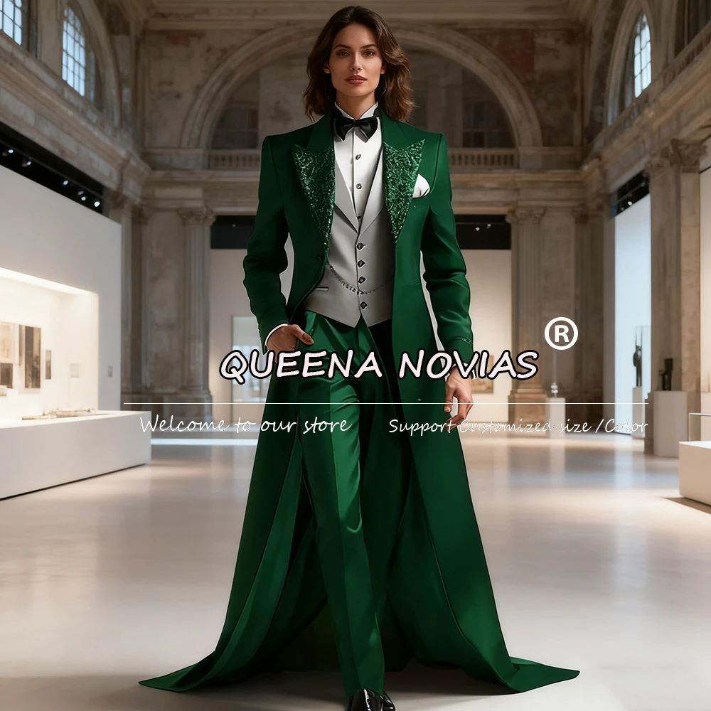 Unique Design Women Suits 3 Pieces Sets Sparkly Sequined Lapel Prom Blazers With Long Train Customized Female Fashion Tuxedos