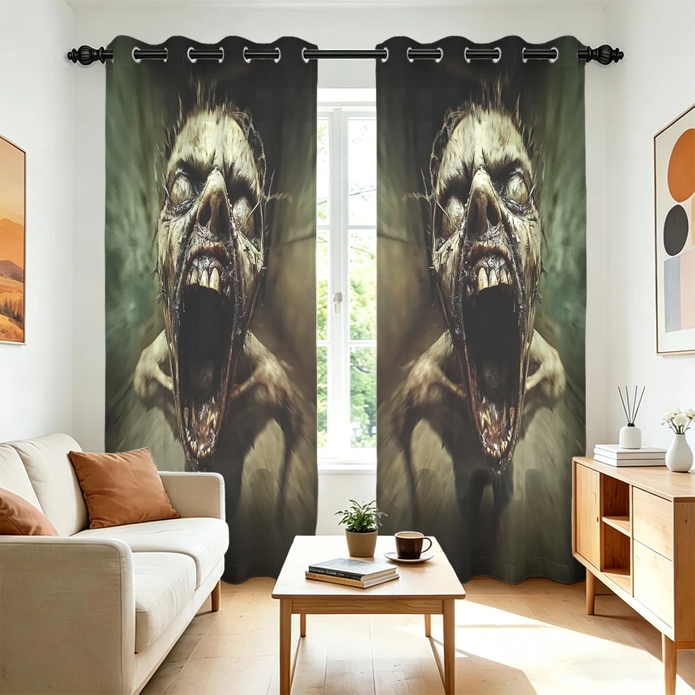 2pcs Symmetric Screaming Zombie Face Double Sided Grommet Curtains Light Blocking Privacy Curtain For Bedroom Living Room Hal