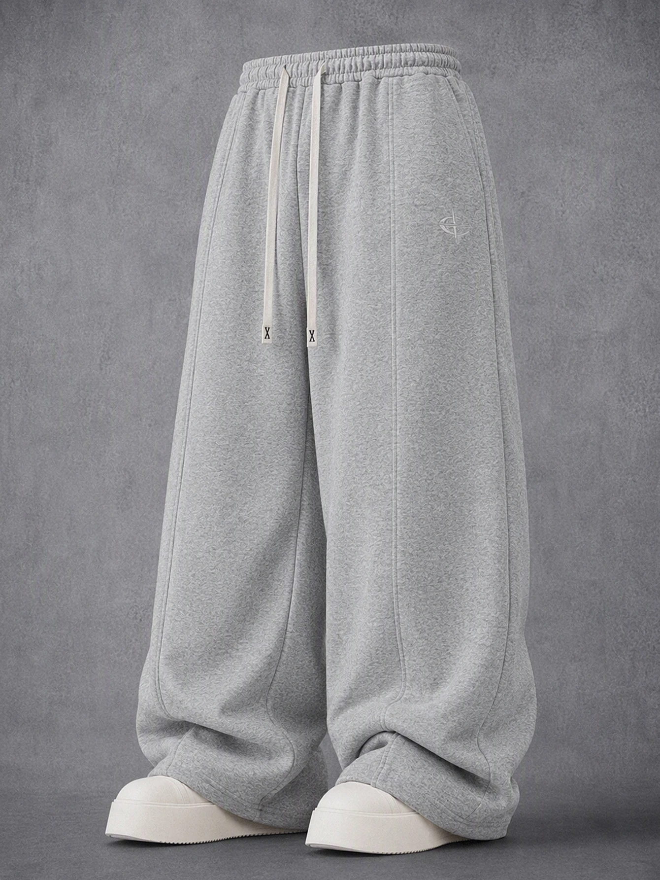 Men's Wide Leg Sweatpants, Double Drawstring Elastic Waist, 3D Cut Stitching, Small Logo Embroidery, Draping Fabric, Loose Floor-length Cut, Side Seam Pockets, Streetwear Casual Long Trousers