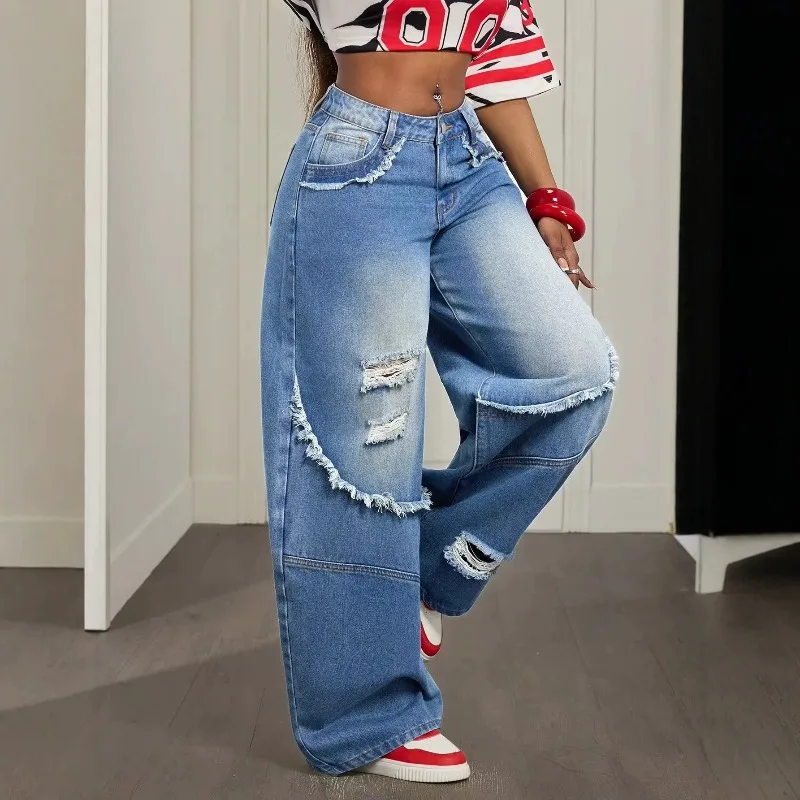 2026 Mill-white Hole Rough-edge Spliced Jeans Women's Washed Denim Wide-leg Trousers Spring Autumn High-waist Casual Loose Jeans