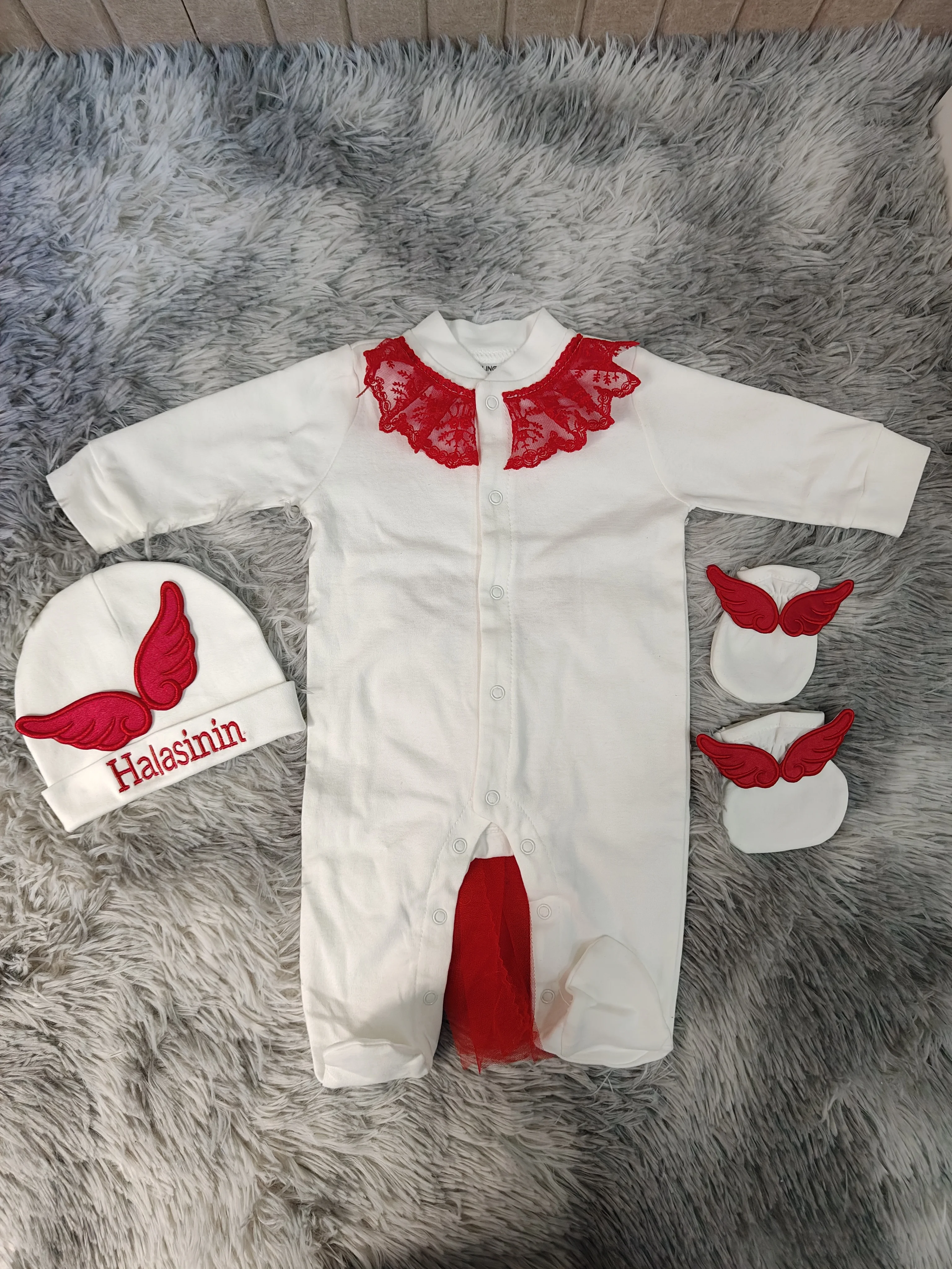 Newborn Photography Outfit Angel Wing Cotton Sleeper Gown With Red Tulle Skirt Matching Hat And Mittens For Baby Girl