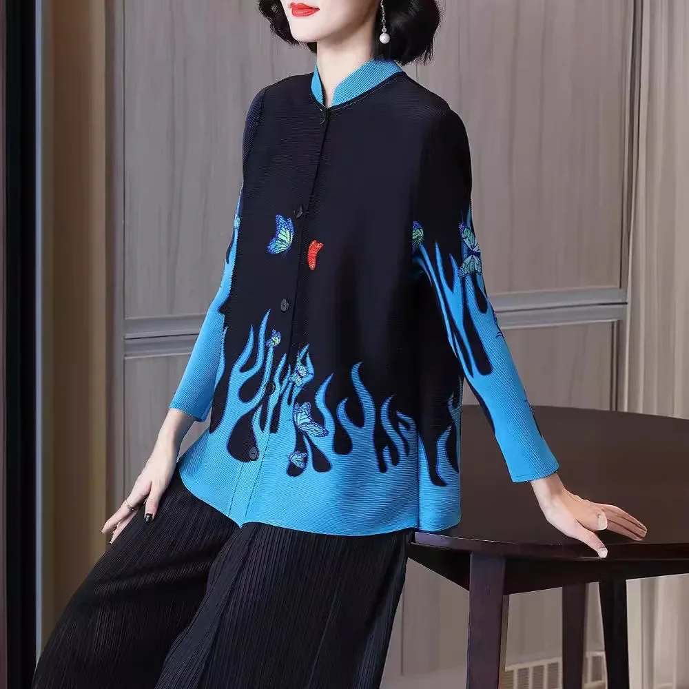 New Retro Style Printed Loose Fit Spring/summer Plus Size Versatile Top Single Breasted Stand Up Collar Tops Vintage
