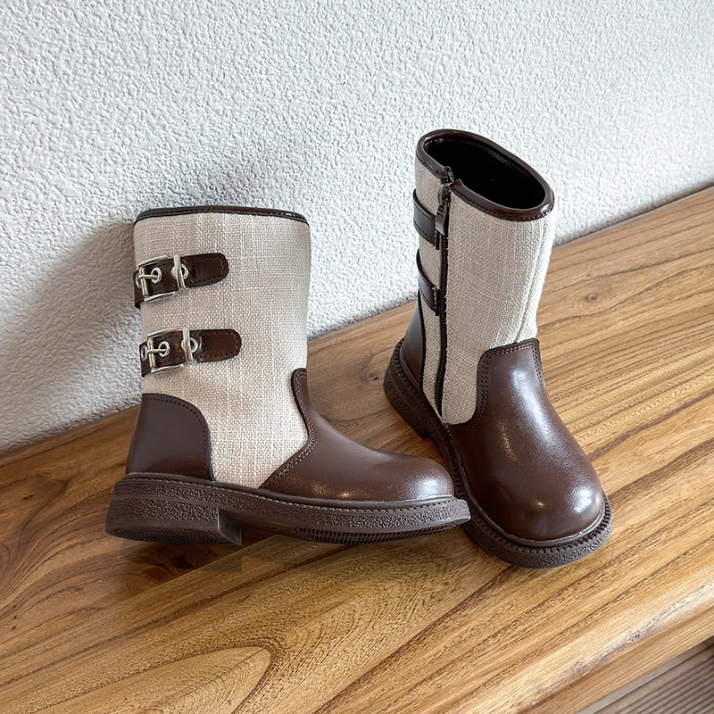 Little Girls Platform Mid-calf Boots 2026 New Winter Kids Thermal Leather Boots Non-slip Simple Retro Style School Party Boots