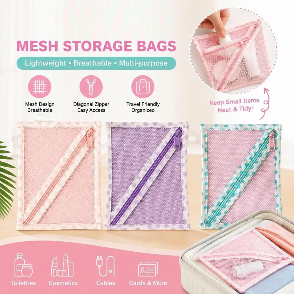 Zipper Closure Mesh Storage Pouch Wide Opening Portable Zipper Organizer Bag Retro Style Lightweight Charger Organizer
