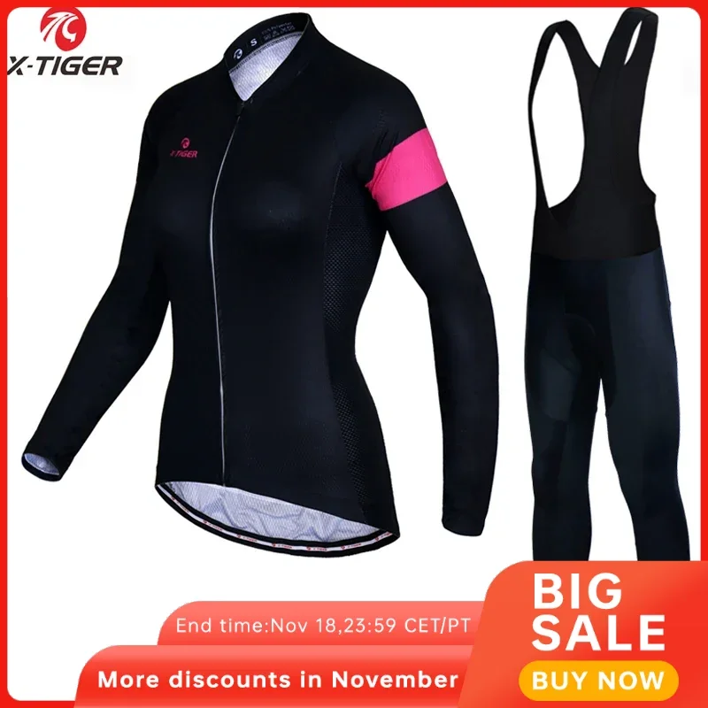 X-Tiger Women Cycling Jersey Set Breathable Anti-UV Cycling Long Sleeve Bike Clothing Mountain Bicycle Clothes Cycling Set