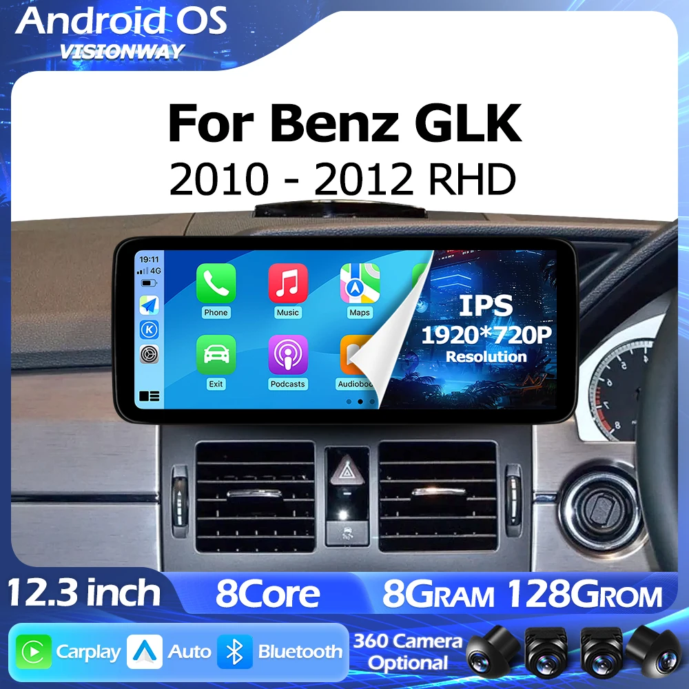 Bluetooth Android 15 12.3 inch For Mercedes Benz GLK 2010-2012 RHD Lntelligent Multimedia Touch Screen GPS Carplay 4G 1920*720P