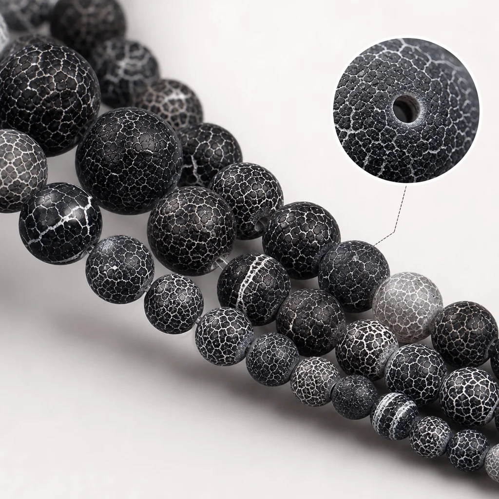 Natural Black Agate Matte Crack-Texture Round Beads for Bracelet and Necklace Making, DIY Jewelry Spacer Beads