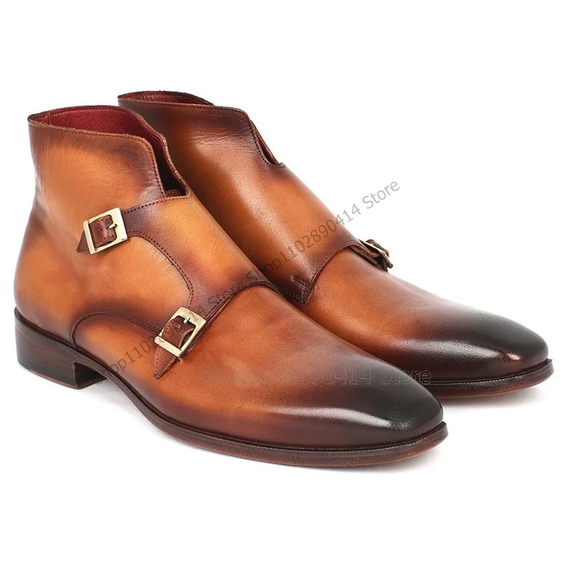 

Brown Black Gradient Color Buckle Decor Ankle Boots Fashion Slip On Men Shoes Luxurious Handcraft Party Banquet Men Dress Shoes