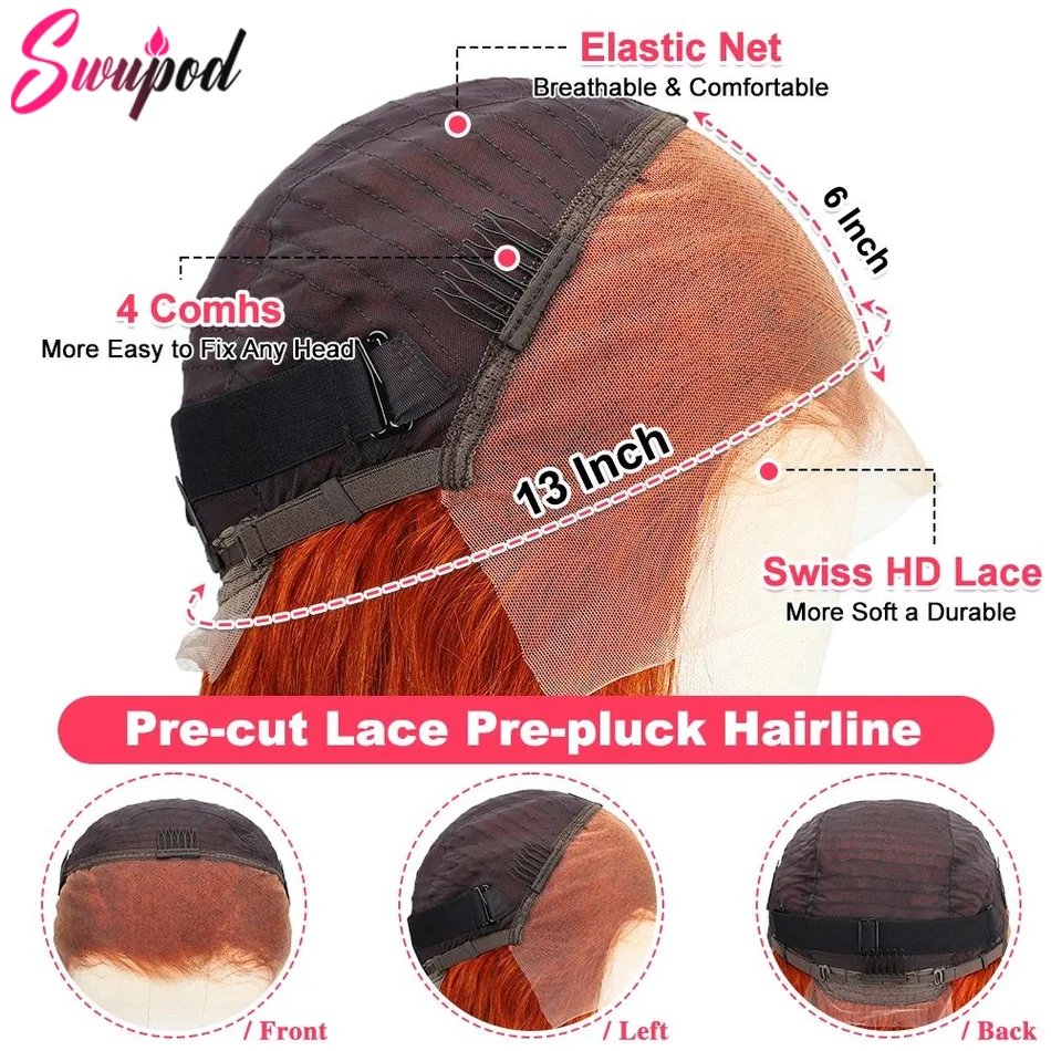 30 40 بوصة ريمي 200 الكثافة شفافة 13x 4/13x6 HD الدانتيل الباروكة الأمامية مستقيم الدانتيل الجبهة الباروكات شعر الإنسان الزنجبيل البرتقالي غلويليس