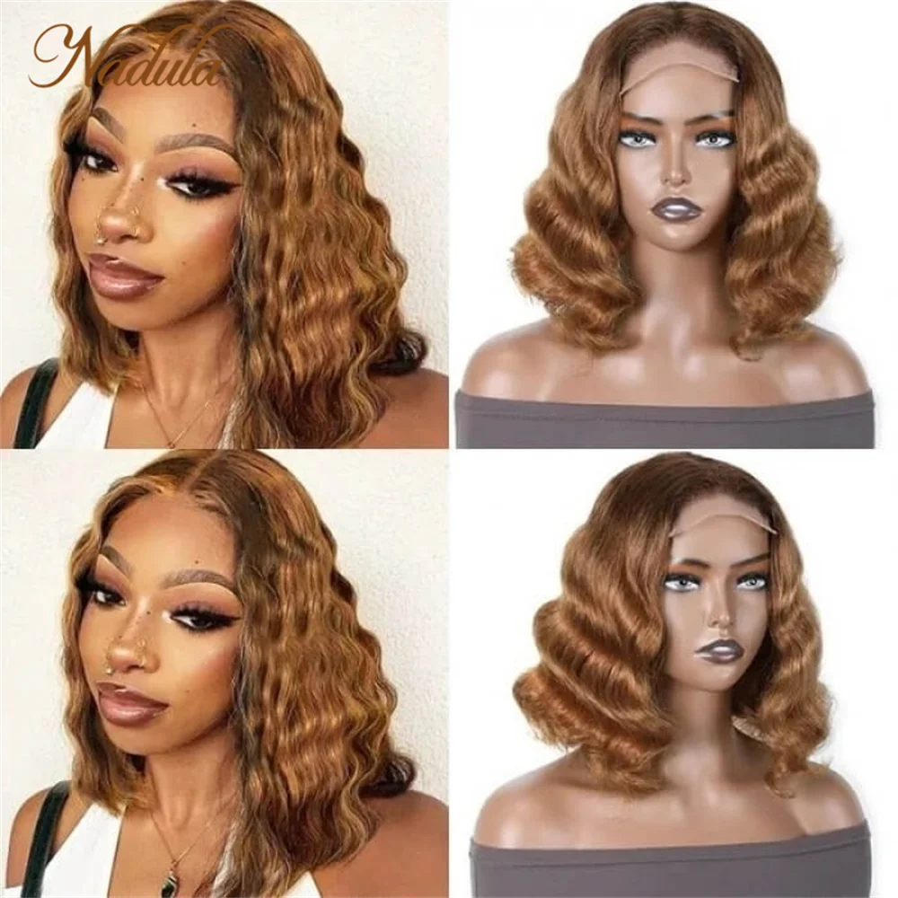 Nadula Hair 4x4 Loose Deep Wave Lace Closure Wigs 12inch Ombre Short Bob Wig Short Honey Blonde Human Hair Wig With Dark Root