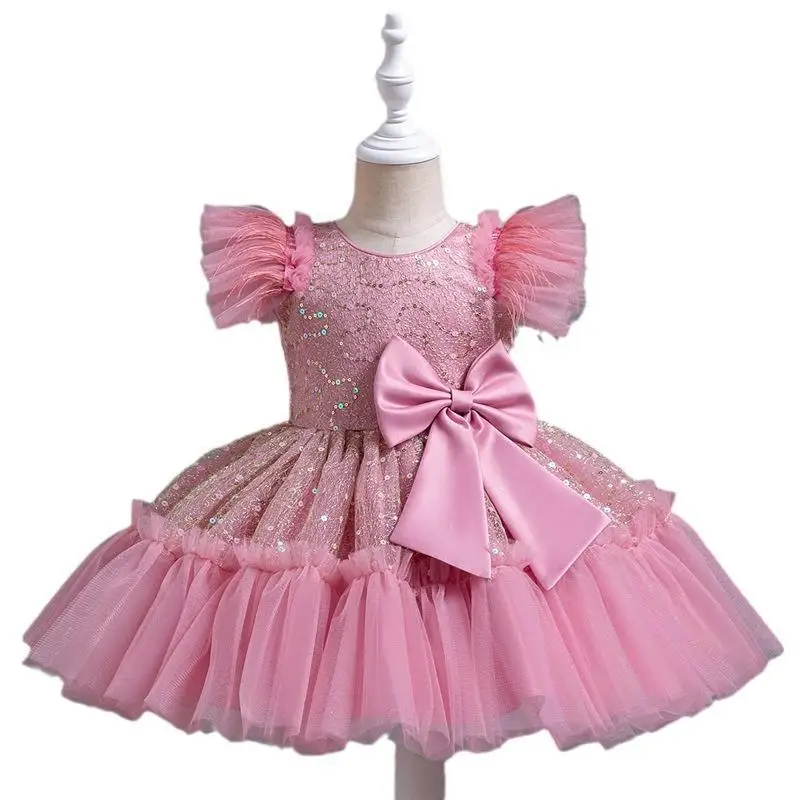 Summer New Girl\'s Sequin Flying Sleeves Big Bow Mesh Spliced Dress Birthday Party Wedding Flower Girl Princess Dress