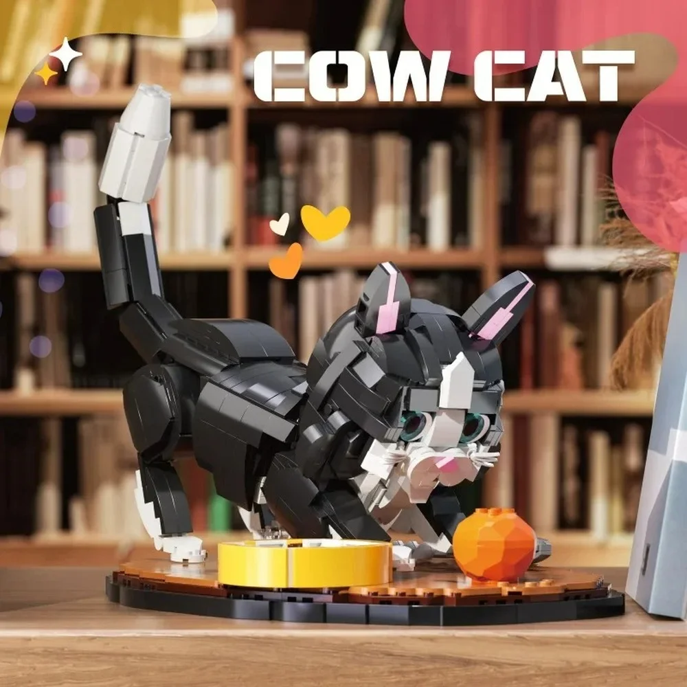 Charming Cow Cat Brick Construction Kit - Adorable Black & White Feline Model, DIY Desktop Decor & Unique Gift for Cat Lovers