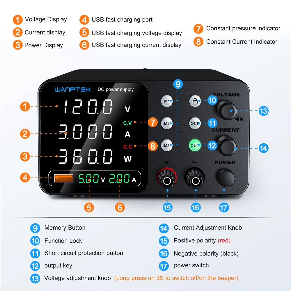Fonte de alimentação DC ajustável TPS-C1203, três conjuntos de armazenamento 0-120V 0-3A reguladores de tensão e corrente variáveis, portátil