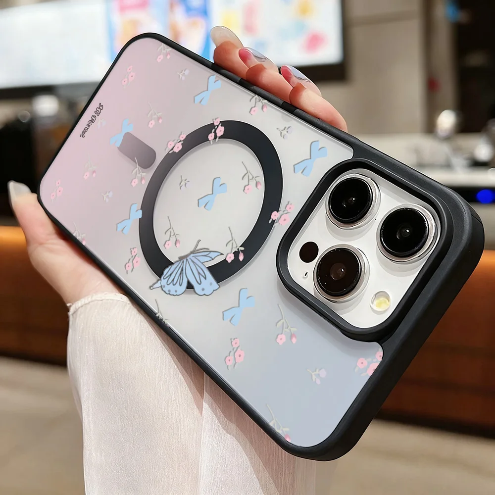 Funda magnética transparente Magsafe para iPhone 17 Pro Max 13 16 14 11 12 15 Pro Max flor mariposa cubierta de carga inalámbrica