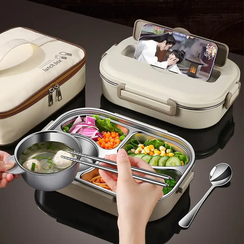 Stainless Steel Lunch Box Compartment Insulated Lunch Box Office Worker Students Sealed Bento Microwae Heating Lunch Container