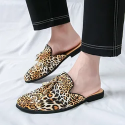 Leather Slippers for Men 2026 Mules Shoes Man Leopard Summer Slippers for Men Casual Indoor Slippers Men Half Shoes Man Sapato