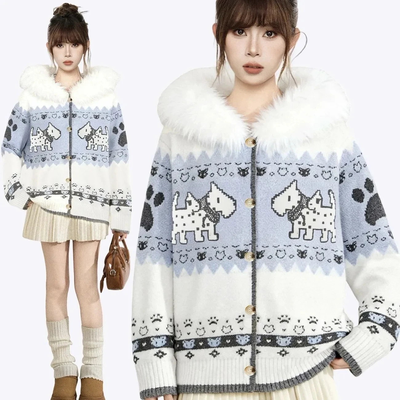 Harajuku Sweet Cute Pattern Jacquard Fur Collar Oversized Sweaters Women Fashion Winter Warm Lazy Style Knitted Cardigan Sweater