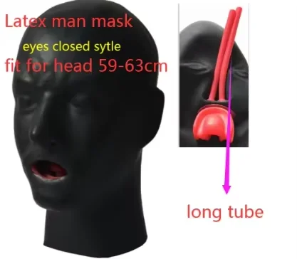 

Mould Hot 3D latex human hood mask closed eyes fetish hood with red mouth sheath long and short nose tube