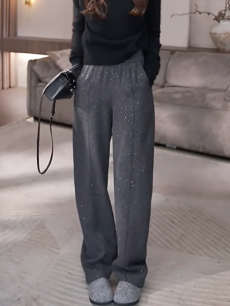

Утепленные шерстяные брюки с пайетками для женщин: новая осенне-зимняя коллекция, эластичный пояс, универсальные, шикарные, повседневные, длинные.