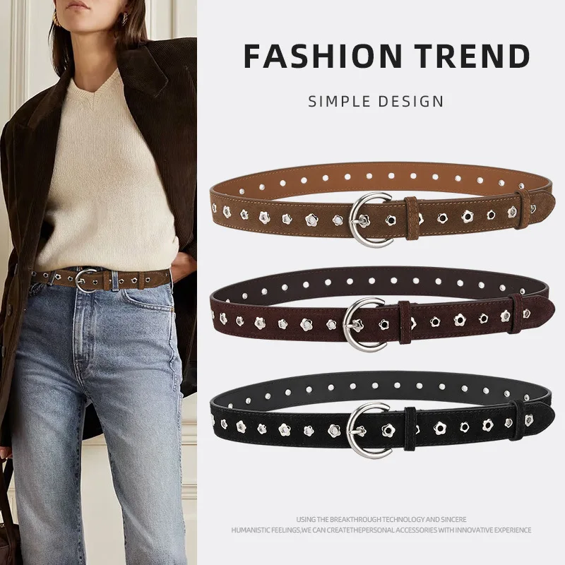 

2025 Original Design Star Rivet Nubuck Belt Waistbands for Womem Punk Street Rock Hole Jeans Belts Waist Cowskin Cinturon Mujer