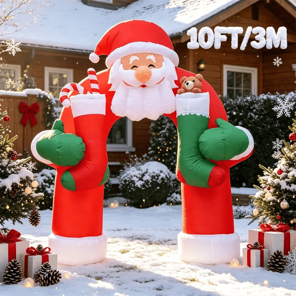 10FT/3M Christmas Inflatable Model Santa Archway with LED Light Up Santa Arch with Stockings Outdoor Yard Xmas Decoration