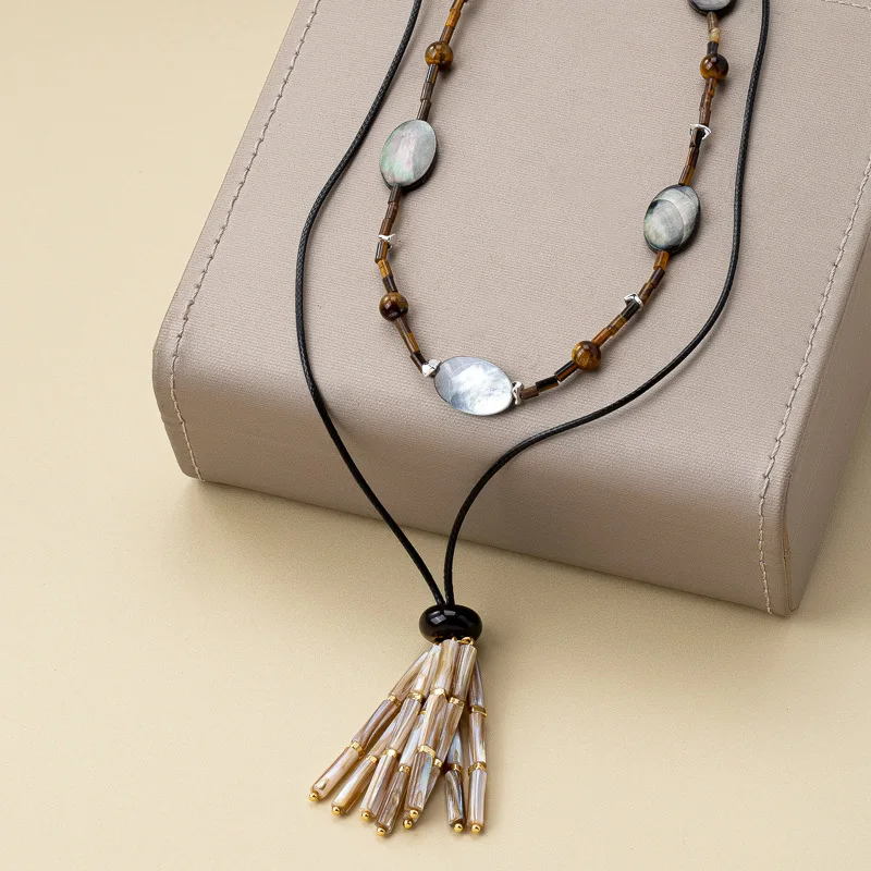 Niche Design Black Fritillary Oval Bead Tiger Eye Beaded Rope Necklace Versatile Tassel Multi-layer Long Retro Sweater Chain