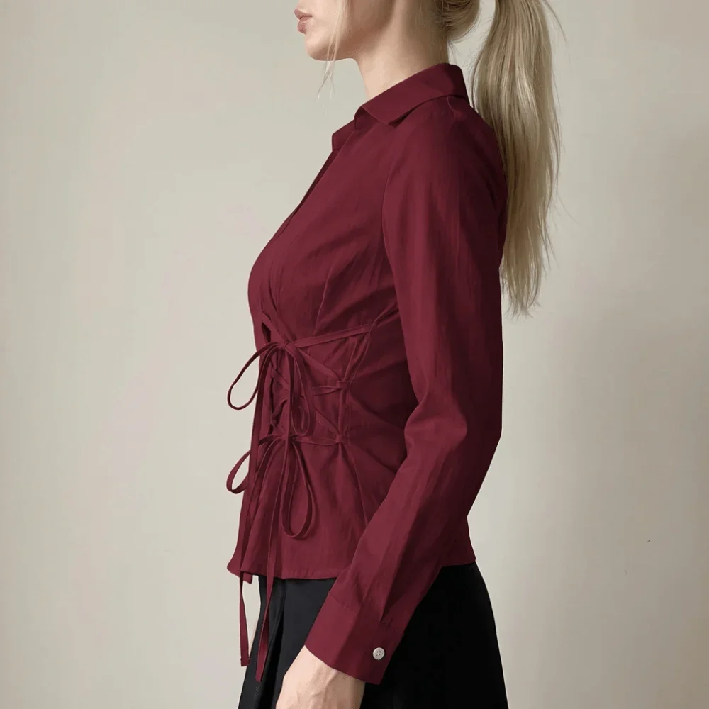 Sweet Long-sleeved Slim Fit Shirt V-neck Y2K Women Tie-Waist Shirt Harajuku Office Aesthetic Blouse Spring Summer