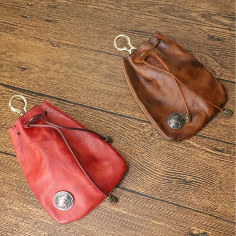 

Unisex Retro Minimalist Coin Purse Vegetable Tanned Leather Drawstring Pouch Carabiner Key Wallet Multi-Purpose Small Organizer