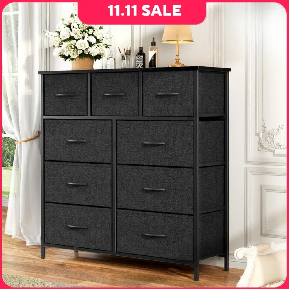 

Drawers, Fabric Storage Tower with 9 Drawers, Bedroom Drawer Organizer with Fabric Bins, Steel Frame and Wood Top, Drawers