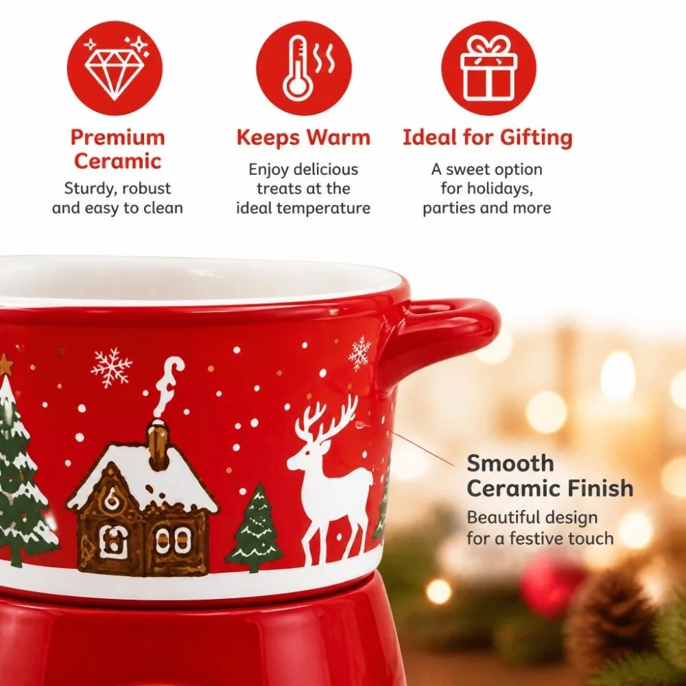 Ceramic Christmas Chocolate Fondue Cup T Shape with 2 Fork Butter Warmer Pot Double Handle Mini Tea Light Cheese Melting Pot