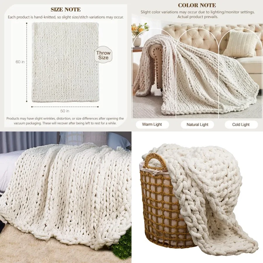 

Chunky Knit Throw Blanket, 100 Hand Made Large Chenille Loop Yarn Soft Fluffy Throws for Couch Sofa Bed, Big Crochet Cozy Heavy