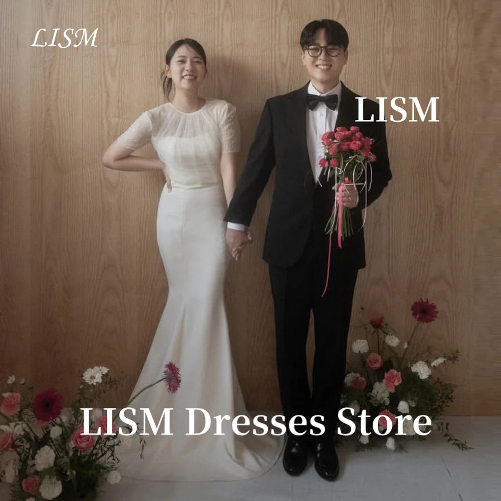 

LISM Elegant Mermaid Wedding Dresses With Jacket O-Neck Short Sleeves Soft Satin Bridal Gowns Korea Photo shoot Formal Customize